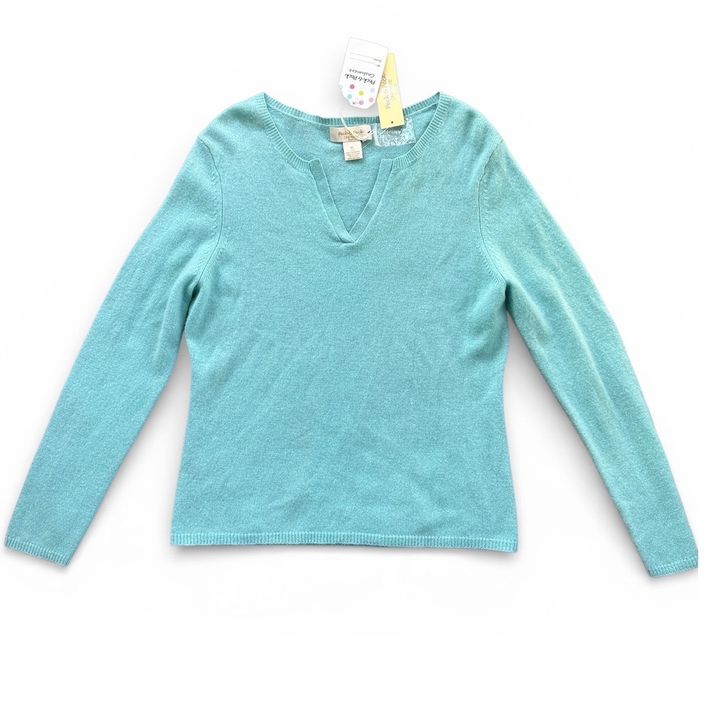 Peck & Peck Cashmere Sweater Women‎ PL Aqua Blue NWT Notched V-Neck 2-Ply Petite